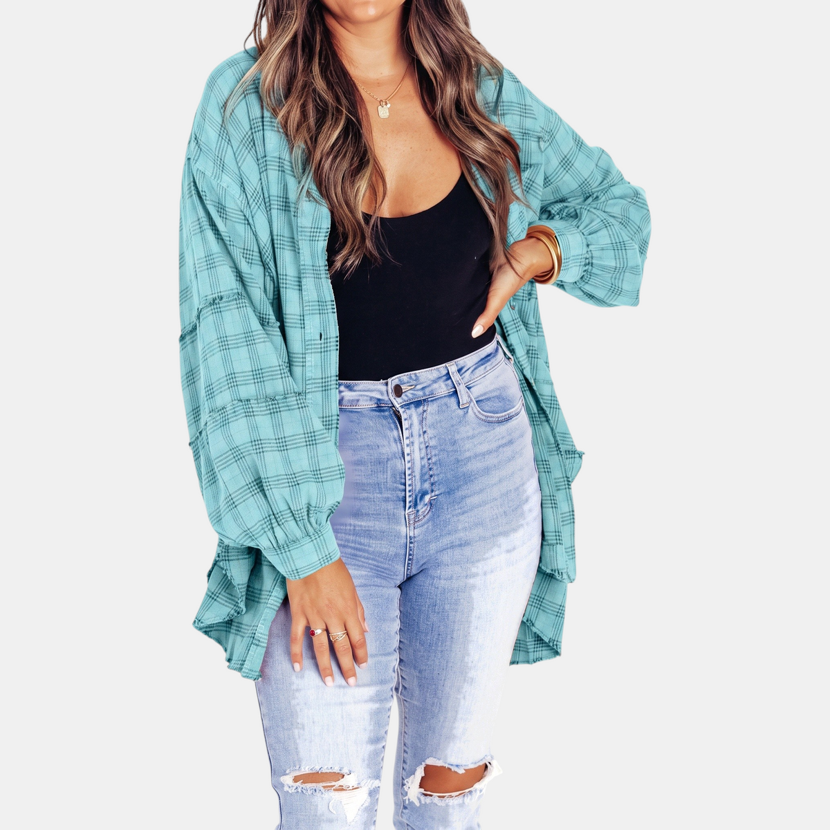 Dames Oversized Flanellen Blouse met Raw Hem en Lange Mouwen