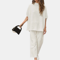 Dames Mock Neck Lounge Set Brede Pijpen Cropped Broek