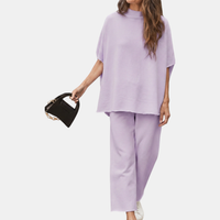 Dames Mock Neck Lounge Set Brede Pijpen Cropped Broek