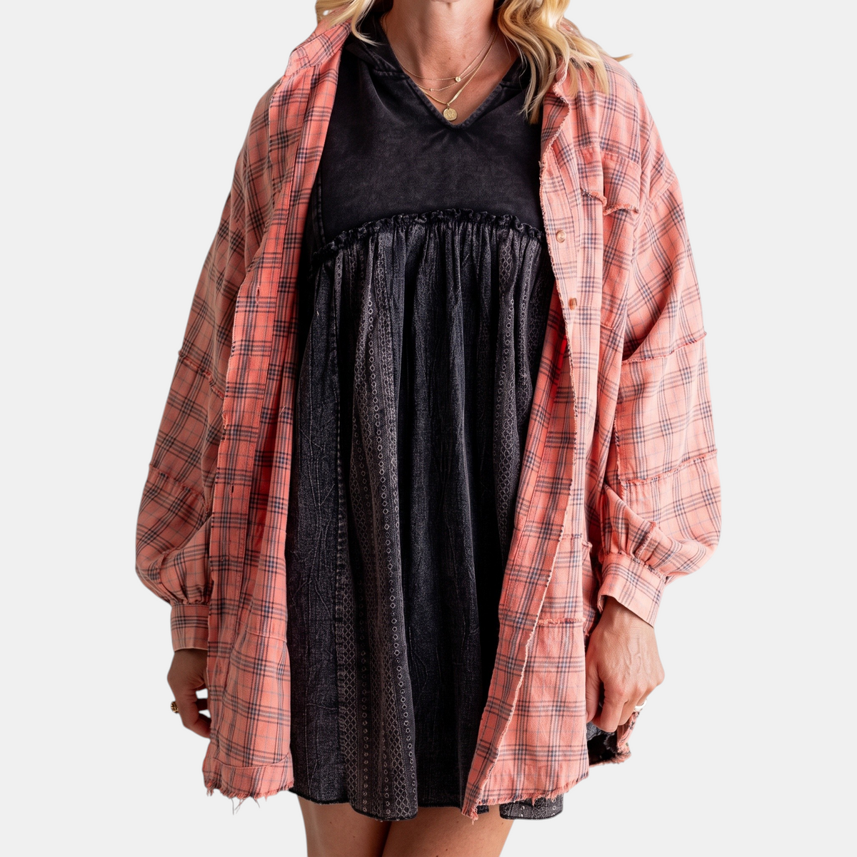 Dames Oversized Flanellen Blouse met Raw Hem en Lange Mouwen