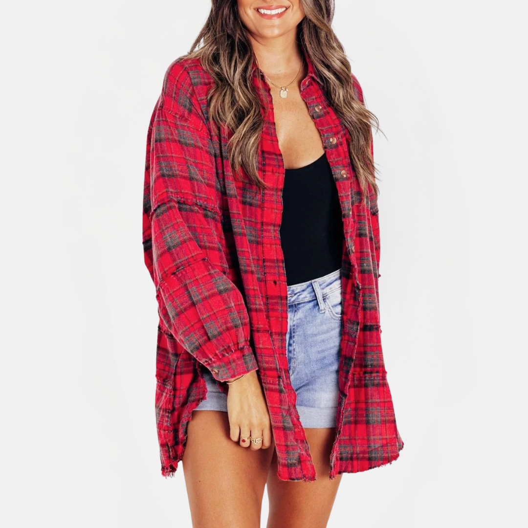 Dames Oversized Flanellen Blouse met Raw Hem en Lange Mouwen