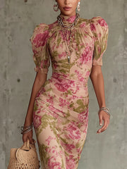 Vintage Rozenprint Maxi Jurk Met Puff Mouwen (Accessoires niet inbegrepen)