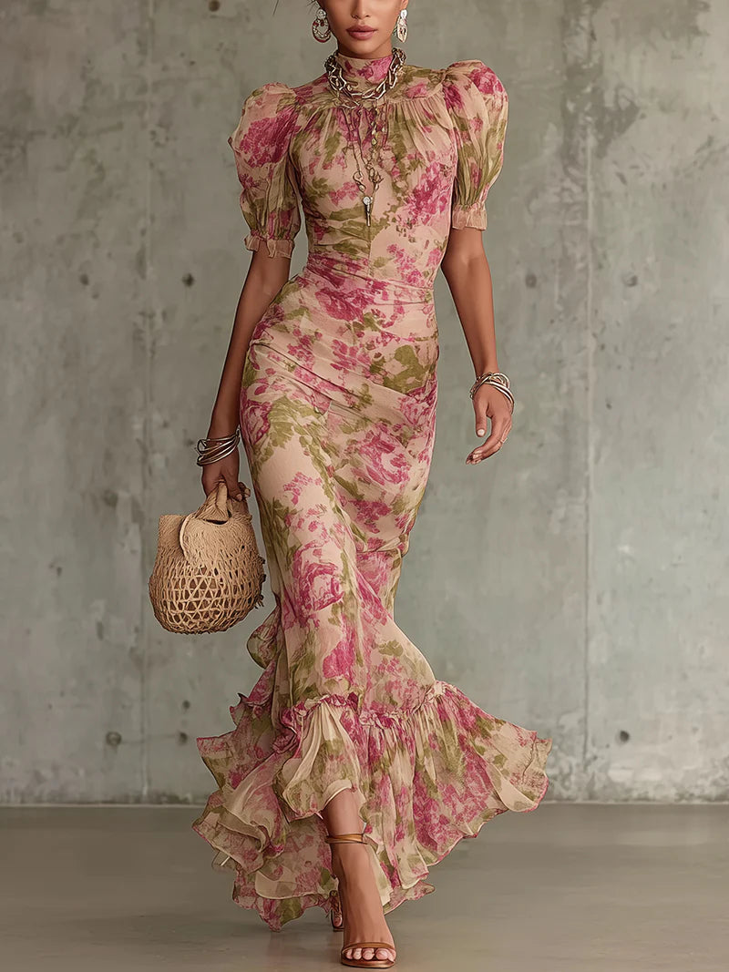 Vintage Rozenprint Maxi Jurk Met Puff Mouwen (Accessoires niet inbegrepen)