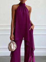 Paarse Halter Mouwloze Elegante Top Met Broek Twee-delige Set