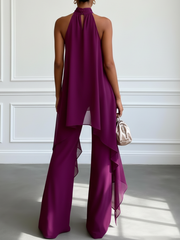 Paarse Halter Mouwloze Elegante Top Met Broek Twee-delige Set