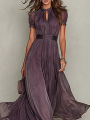 Paarse Sleutelgat Halslijn Chiffon Kant Trim Maxi Jurk