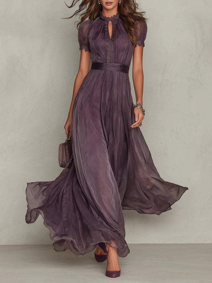 Paarse Sleutelgat Halslijn Chiffon Kant Trim Maxi Jurk