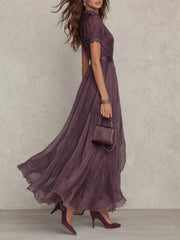 Paarse Sleutelgat Halslijn Chiffon Kant Trim Maxi Jurk