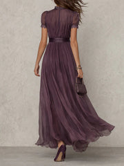 Paarse Sleutelgat Halslijn Chiffon Kant Trim Maxi Jurk