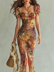 Oranje Boheemse Vakantie Olie Schilderij Print Chiffon Maxi Jurk