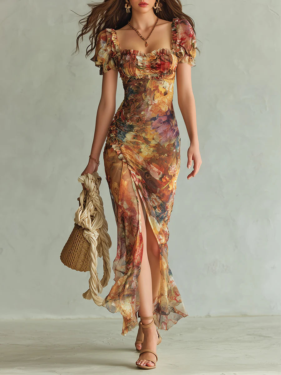 Oranje Boheemse Vakantie Olie Schilderij Print Chiffon Maxi Jurk