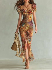 Oranje Boheemse Vakantie Olie Schilderij Print Chiffon Maxi Jurk