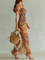 Oranje Boheemse Vakantie Olie Schilderij Print Chiffon Maxi Jurk
