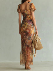 Oranje Boheemse Vakantie Olie Schilderij Print Chiffon Maxi Jurk