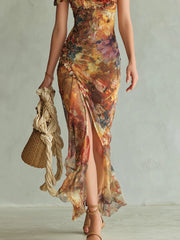 Oranje Boheemse Vakantie Olie Schilderij Print Chiffon Maxi Jurk