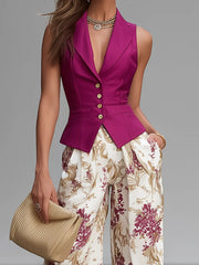 Roze Mouwloze Vest en Bloemenprint Wijde Pantalon Set