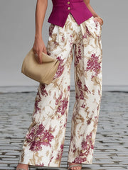 Roze Mouwloze Vest en Bloemenprint Wijde Pantalon Set