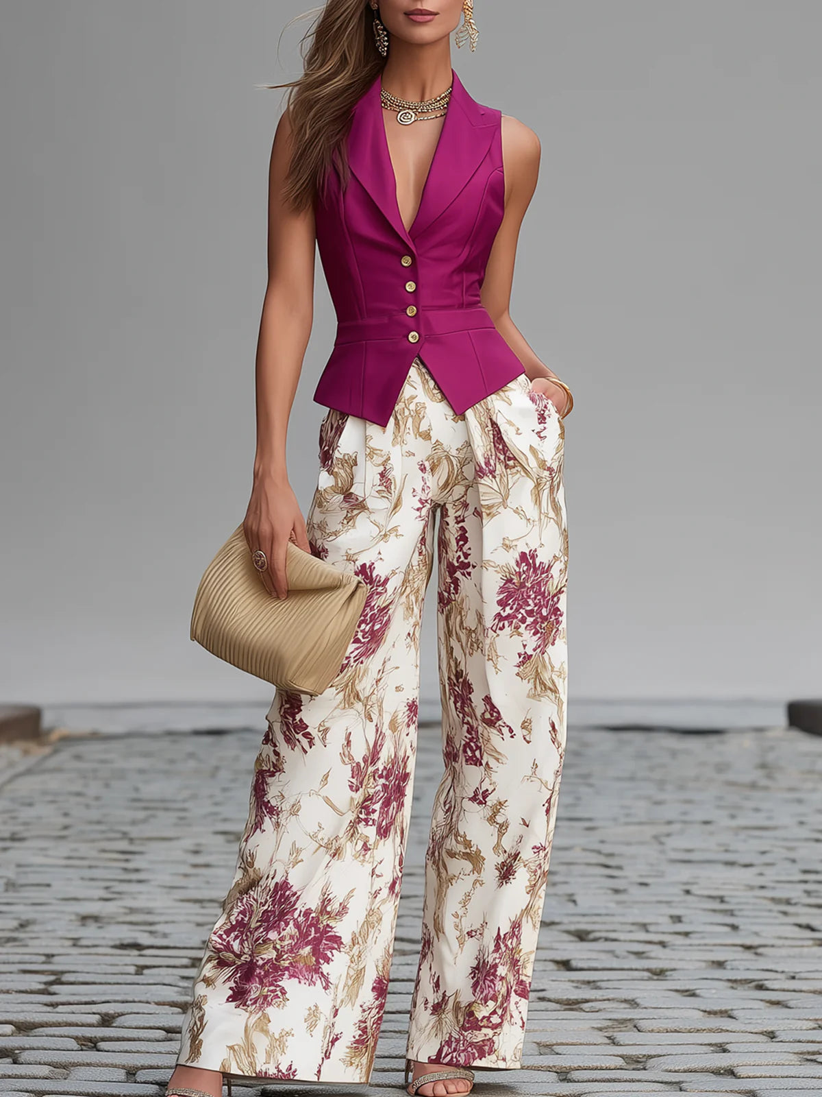 Roze Mouwloze Vest en Bloemenprint Wijde Pantalon Set