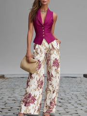 Roze Mouwloze Vest en Bloemenprint Wijde Pantalon Set
