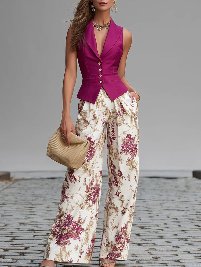 Roze Mouwloze Vest en Bloemenprint Wijde Pantalon Set