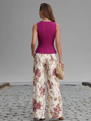 Roze Mouwloze Vest en Bloemenprint Wijde Pantalon Set