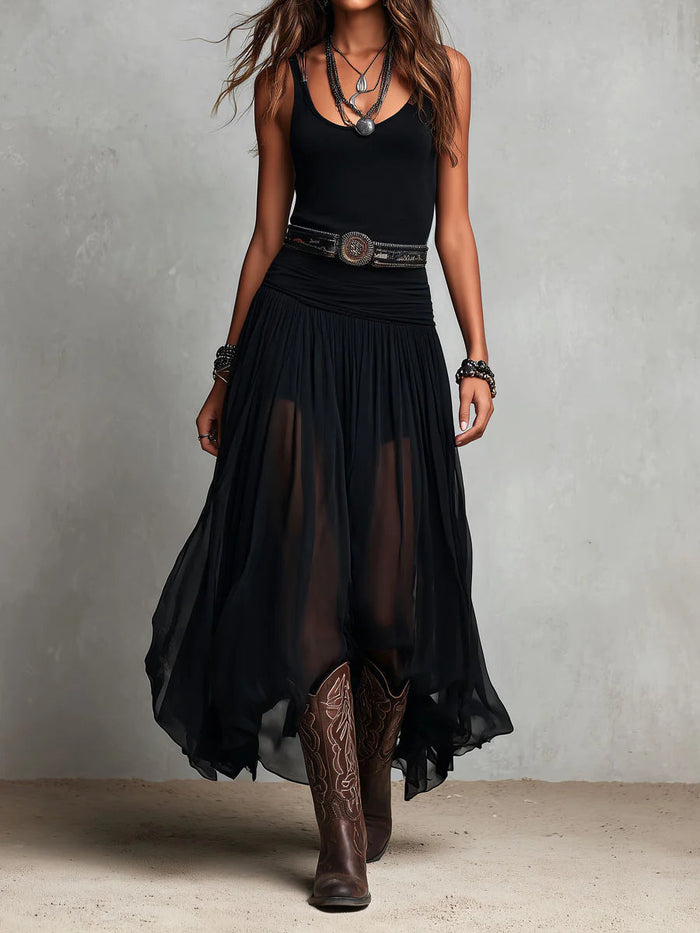 Zwarte Mouwloze Tanktop Met Tulle Rok Maxi Jurk (met riem)