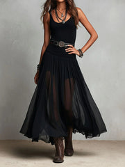 Zwarte Mouwloze Tanktop Met Tulle Rok Maxi Jurk (met riem)