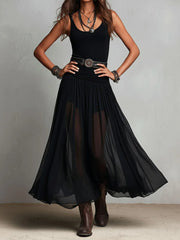 Zwarte Mouwloze Tanktop Met Tulle Rok Maxi Jurk (met riem)