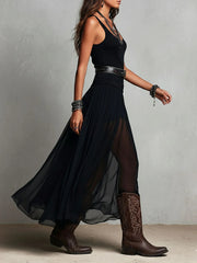 Zwarte Mouwloze Tanktop Met Tulle Rok Maxi Jurk (met riem)