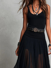 Zwarte Mouwloze Tanktop Met Tulle Rok Maxi Jurk (met riem)