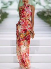 Rode Chiffon Bloemen Halternek Mouwloze Maxi Jurk