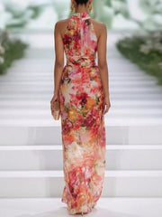 Rode Chiffon Bloemen Halternek Mouwloze Maxi Jurk