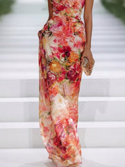 Rode Chiffon Bloemen Halternek Mouwloze Maxi Jurk