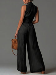 Zwarte V-hals Mouwloze Rits Plissé Wijd-pijpen Chiffon Jumpsuit