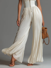 Witte V-hals Mouwloze Rits Plissé Wijdpijpen Chiffon Jumpsuit