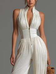 Witte V-hals Mouwloze Rits Plissé Wijdpijpen Chiffon Jumpsuit