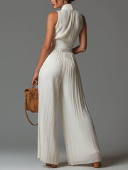 Witte V-hals Mouwloze Rits Plissé Wijdpijpen Chiffon Jumpsuit