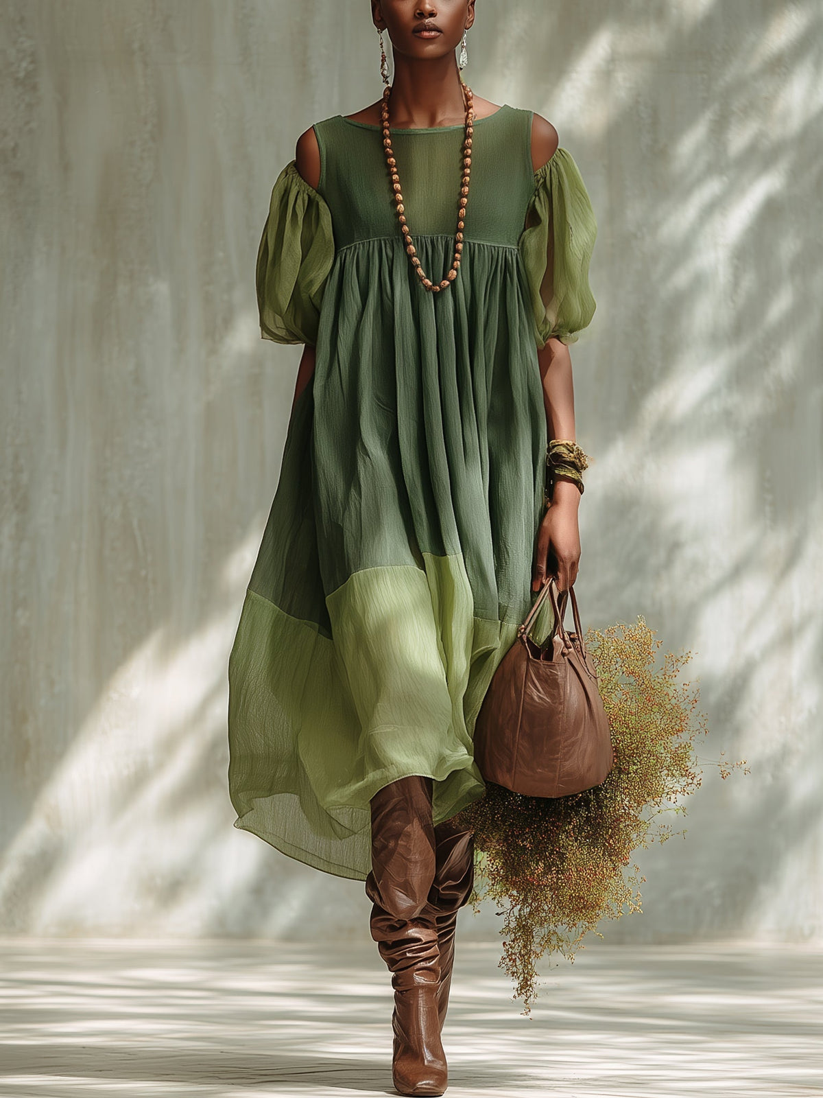 Groene Chiffon Off Shoulder Korte Mouwen Midi Jurk