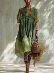 Groene Chiffon Off Shoulder Korte Mouwen Midi Jurk