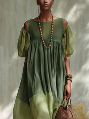 Groene Chiffon Off Shoulder Korte Mouwen Midi Jurk