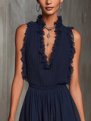Navy Ruffle Trim Plissé Chiffon Kant Jumpsuit