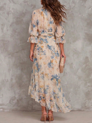 Beige Turtleneck Olieverfschilderij Bloemenprint Irreguliere Chiffon Maxi Jurk