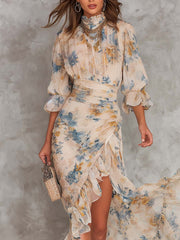 Beige Turtleneck Olieverfschilderij Bloemenprint Irreguliere Chiffon Maxi Jurk