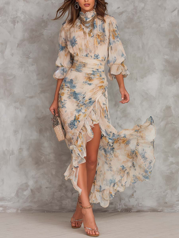 Beige Turtleneck Olieverfschilderij Bloemenprint Irreguliere Chiffon Maxi Jurk