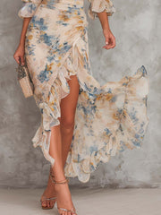 Beige Turtleneck Olieverfschilderij Bloemenprint Irreguliere Chiffon Maxi Jurk