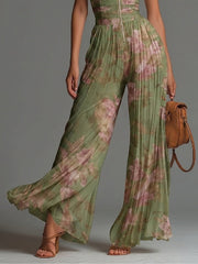 Groene Bloemen V-hals Mouwloos Rits Plissé Wijde Chiffon Jumpsuit