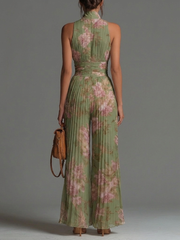Groene Bloemen V-hals Mouwloos Rits Plissé Wijde Chiffon Jumpsuit