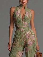 Groene Bloemen V-hals Mouwloos Rits Plissé Wijde Chiffon Jumpsuit