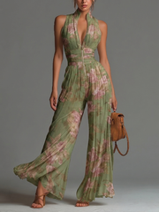 Groene Bloemen V-hals Mouwloos Rits Plissé Wijde Chiffon Jumpsuit
