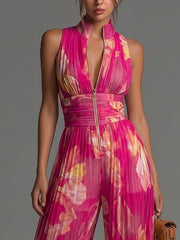 Fuchsia Bloemenprint Mouwloze Rits Plissé Wijde Chiffon Jumpsuit